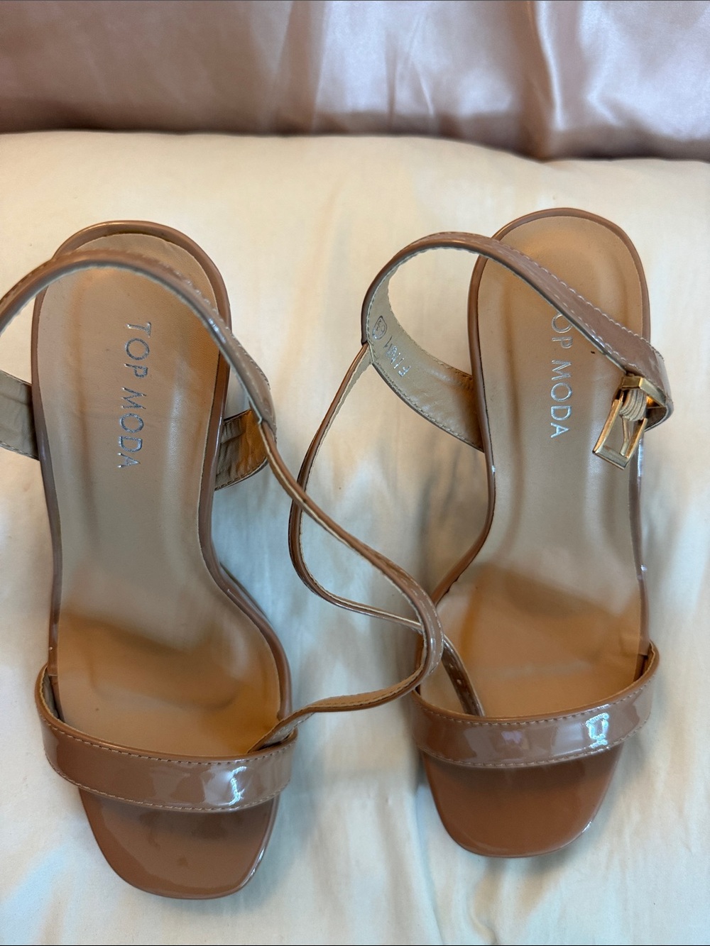 TOP Moda Patent Block Heel Sandals in Nude Tan